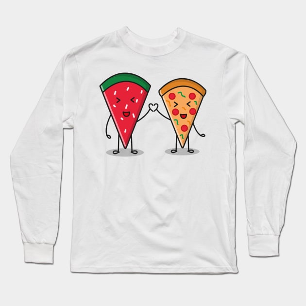 Watermelon and Pizza Slice Couple Long Sleeve T-Shirt by arkitekta